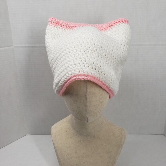 Cat Ear Beanie Crochet Hat White Pink Stripe Handmade Knit Kitty Soft Winter - Picture 6 of 16